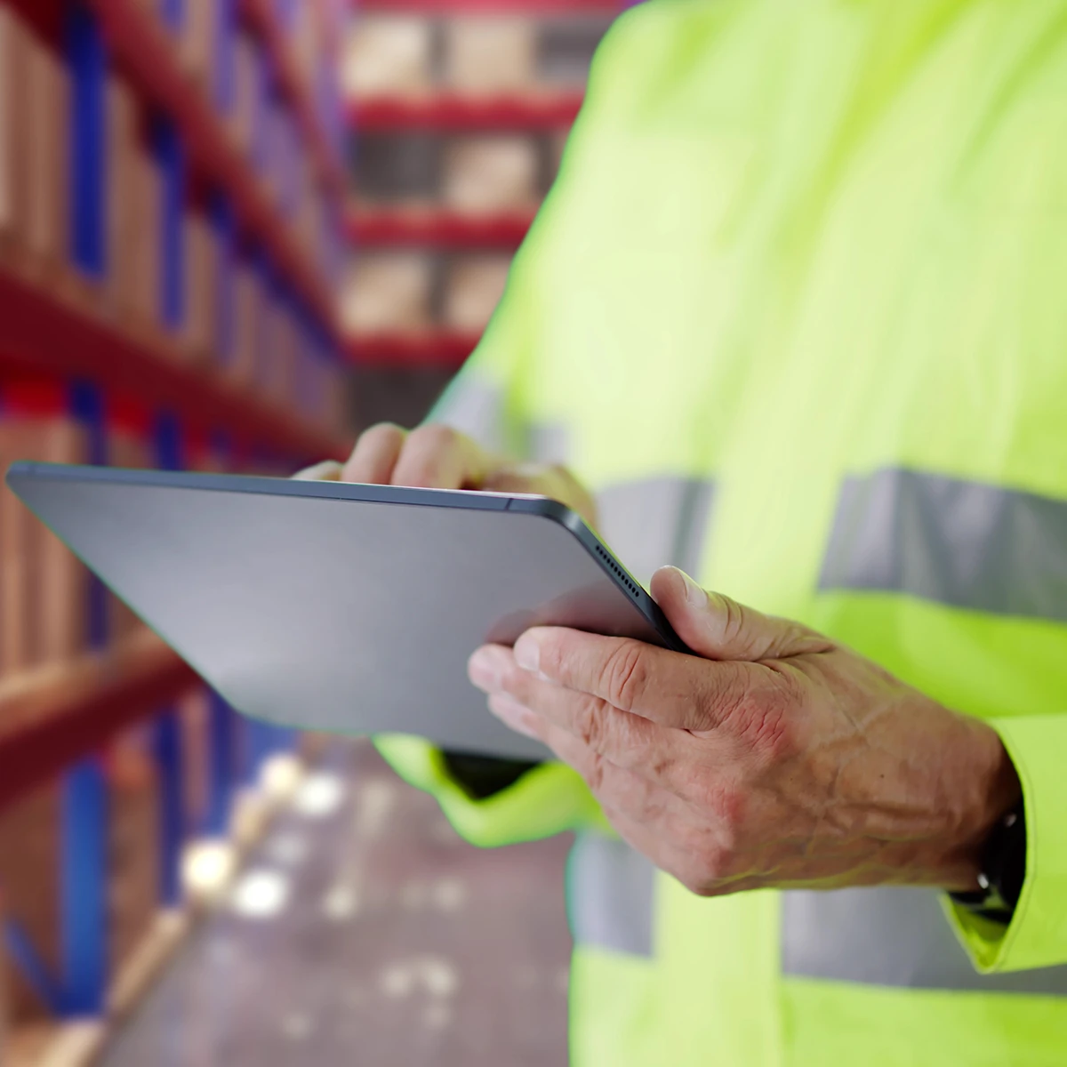 Close-up of a warehouse employee in high-visibility clothing writing on a clipboard.