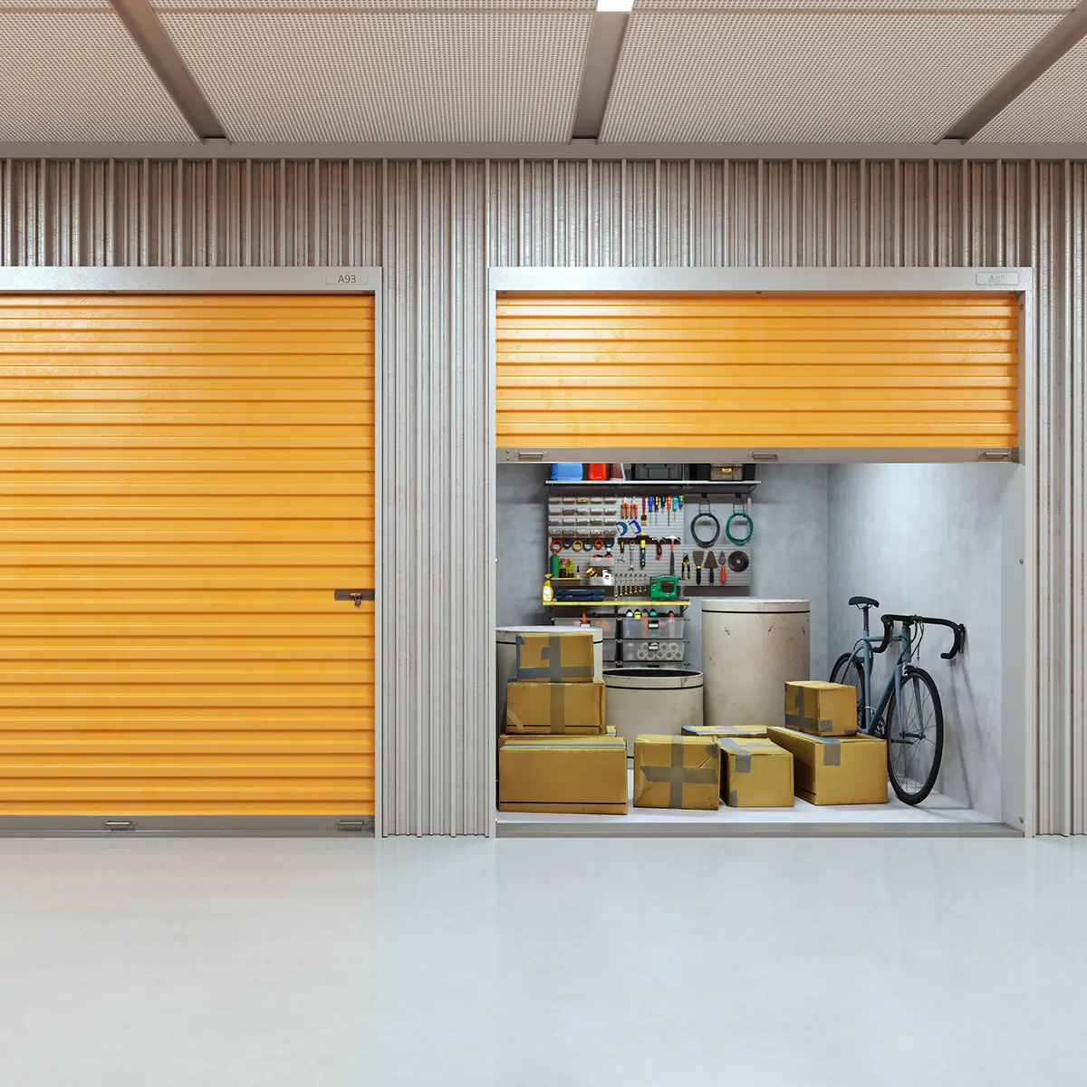 Two secure storage units inside a local storage facility.