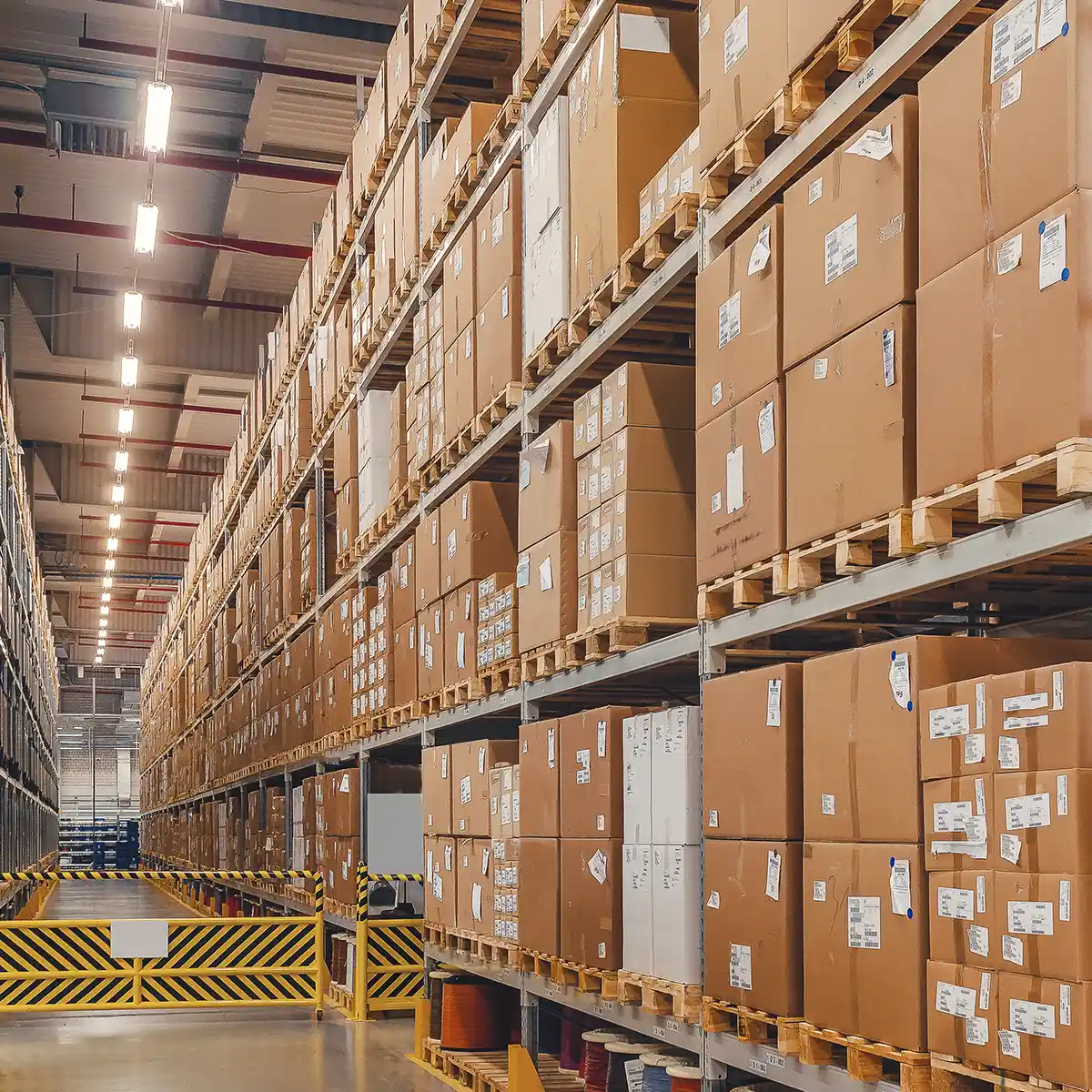 Warehouse storage shelving stacked with labelled moving and storage boxes.