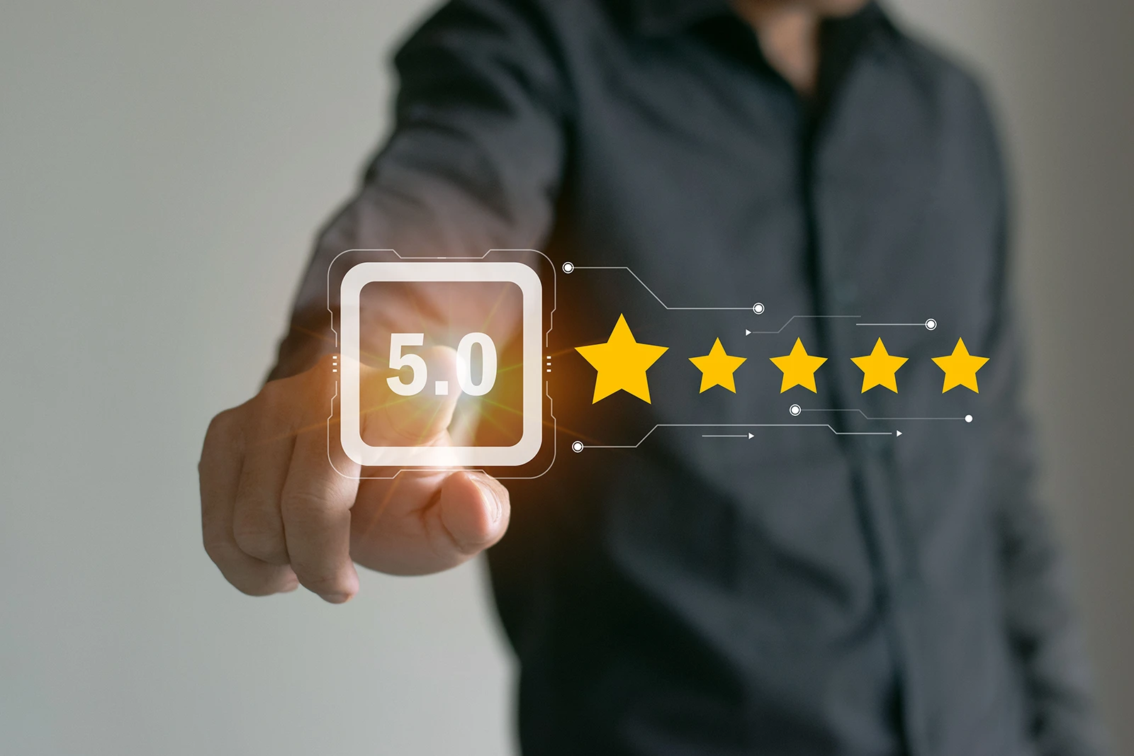 Symbolic image of a man pointing to five stars representing recognised industry standards and service quality.